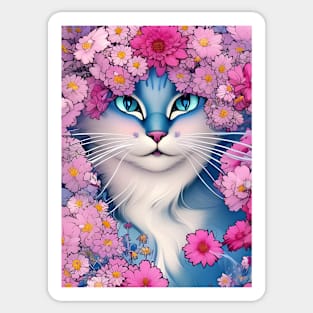 Blue Cat Surrounded by Pink Flowers Sticker